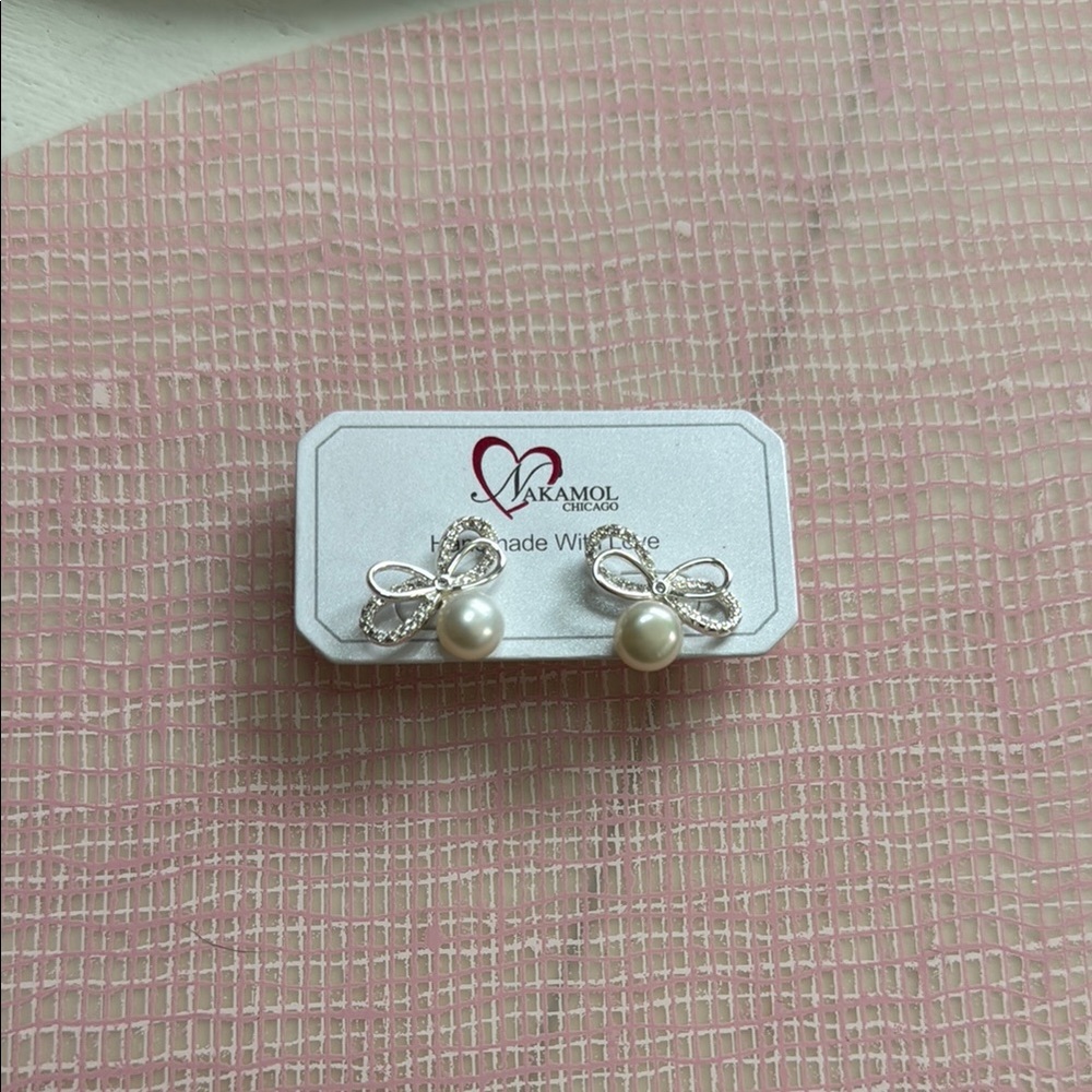 Nakamol Silver and White Pearl Bow Earrings